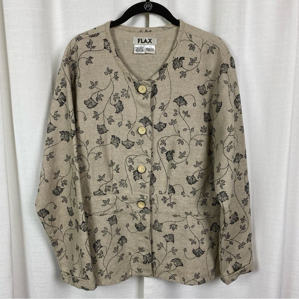 FLAX Beige&Black Floral Linen&Cotton Blazer Jacket Sz.M